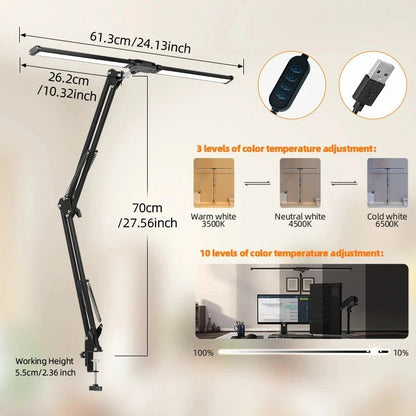 LED Clamp Desk Lamp Dimmable Double Head Eye-Care Office Reading