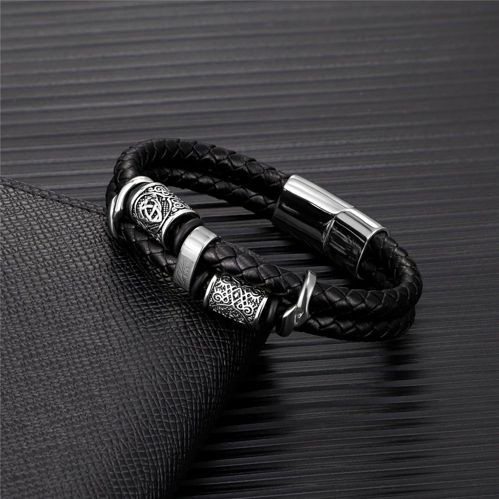 Norse Runes Genuine Leather Braided Bracelet Stainless Steel Beads