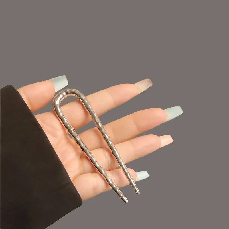 Metal Alloy U-Shaped Hair Forks Hammer Pattern Hairpins Women