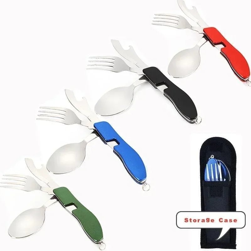 4-in-1 Stainless Steel Folding Camping Cutlery Set - Portable Kit