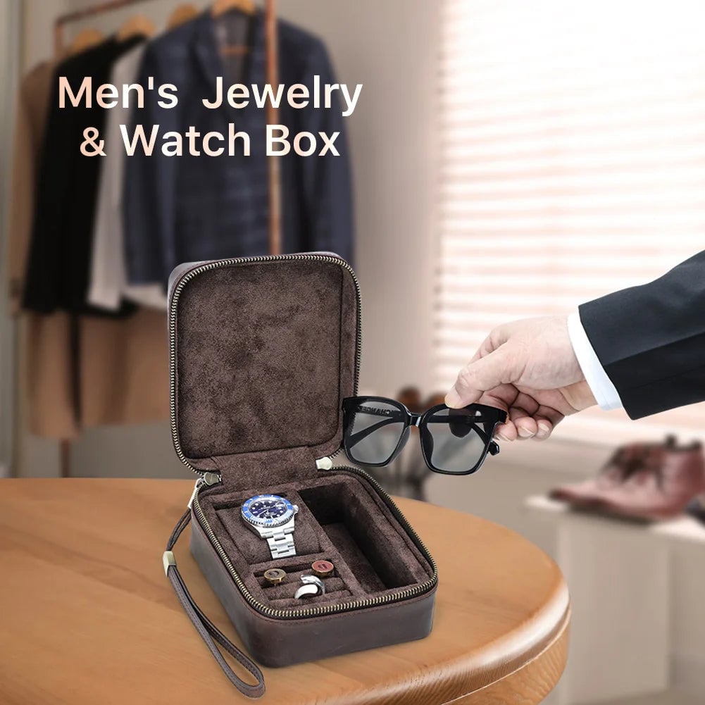 Genuine Leather Multi-Compartment Jewelry Storage Box for Watches