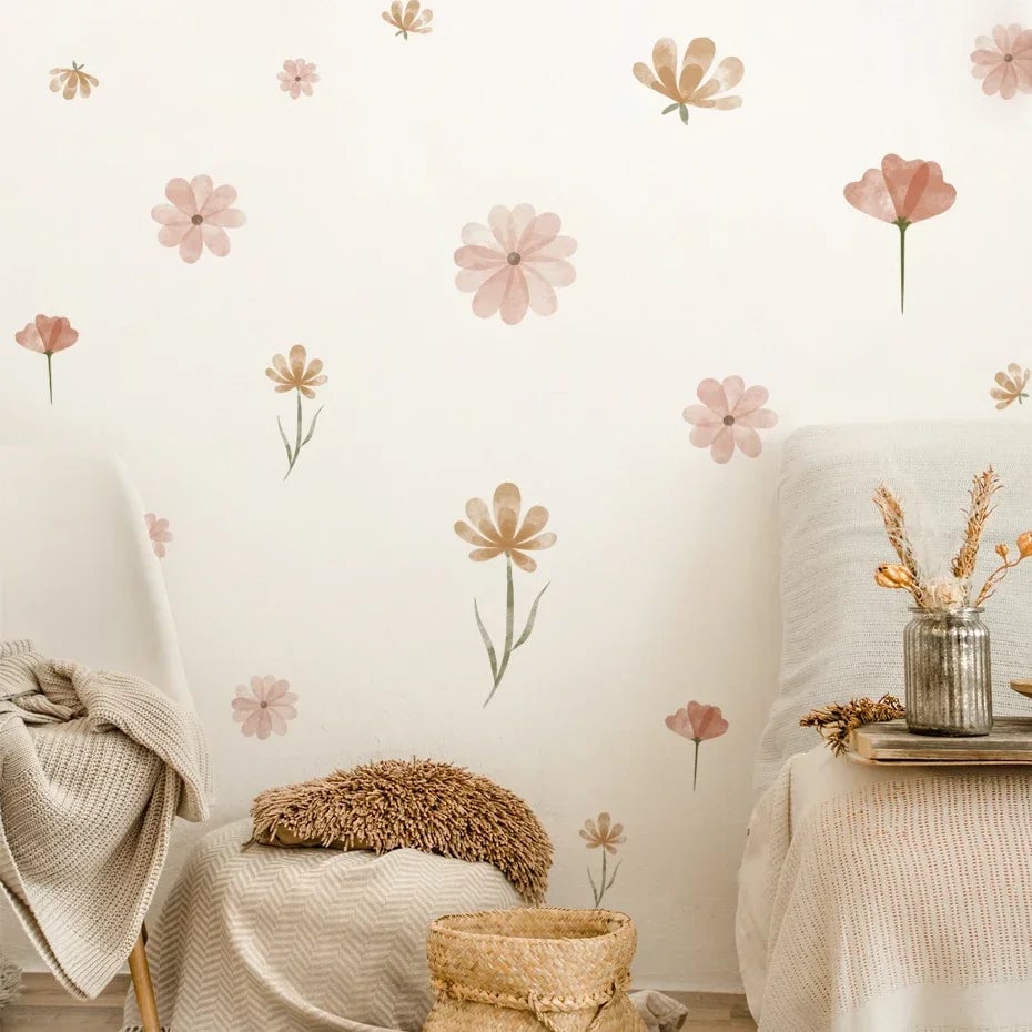 Watercolor Boho Pink Flowers Leaves Wall Decal Nursery Kids Room