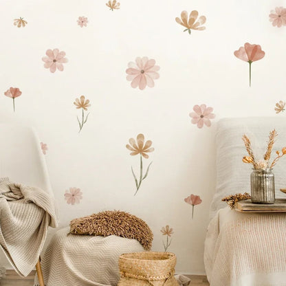 Watercolor Boho Pink Flowers Leaves Wall Decal Nursery Kids Room