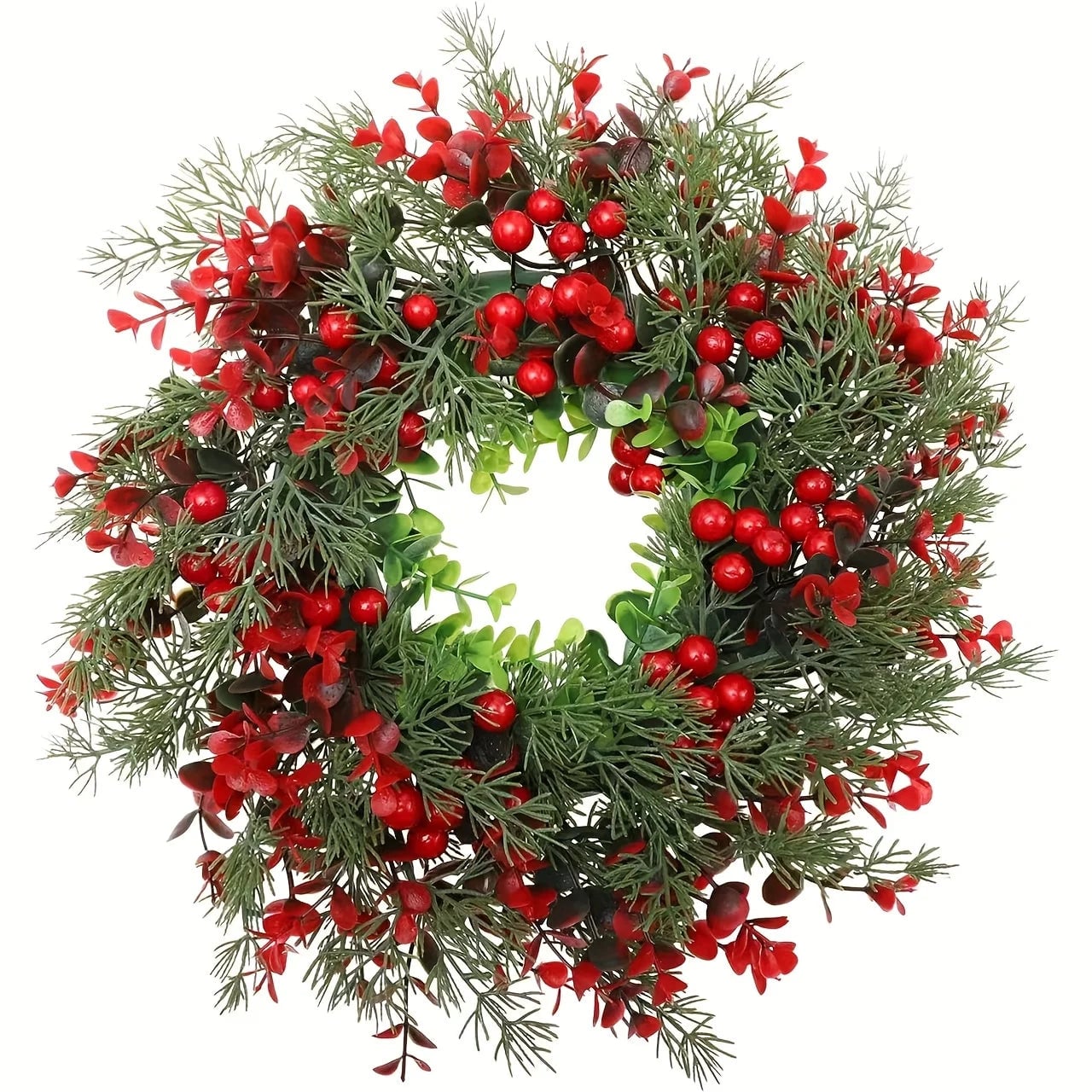 Artificial Christmas Red Berry Wreath Green Leaves Front Door Decor
