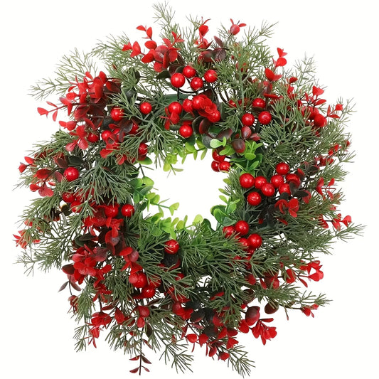 Artificial Christmas Red Berry Wreath Green Leaves Front Door Decor