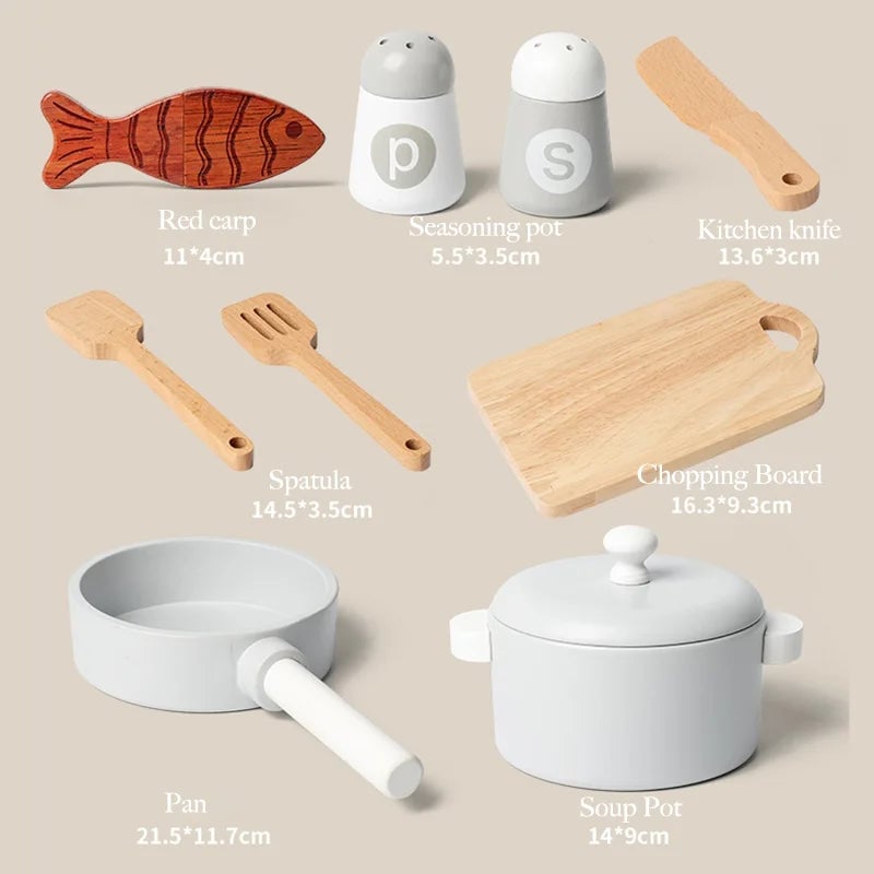 Wooden Kitchen Play Set - Chef Role Play Toys with Pots Pans & Food