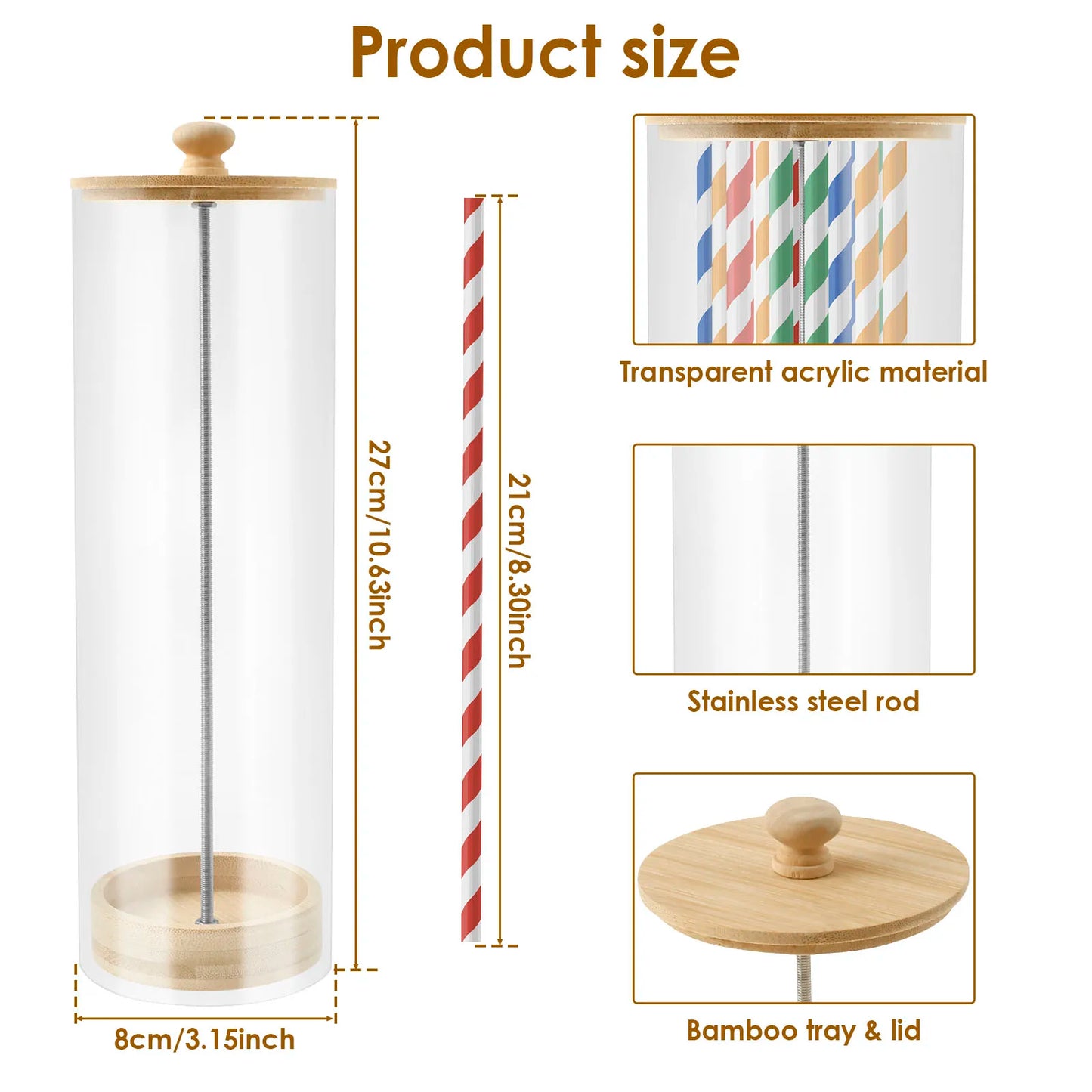 Clear Acrylic Straw Organizer with Wood Lid - Dustproof Storage Box