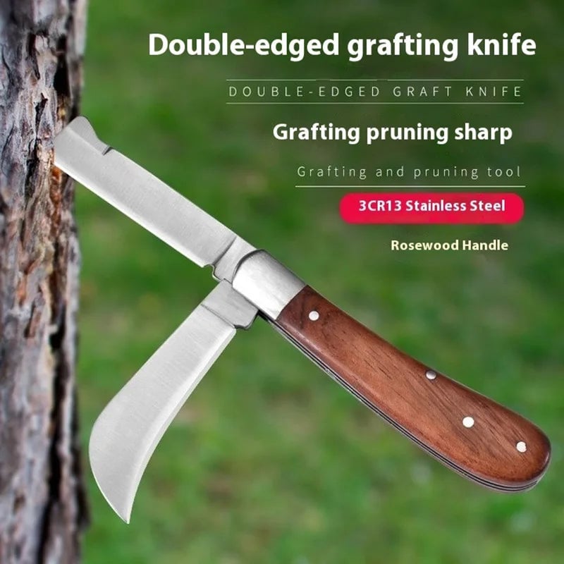 Folding Grafting Knife with Wooden Handle - Pruning Tool for Trees