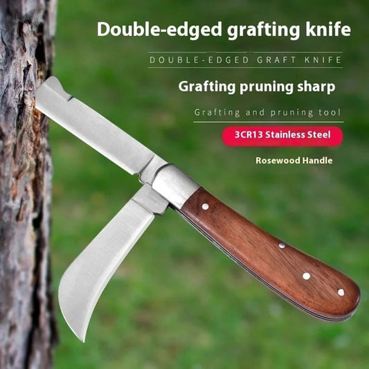 Folding Grafting Knife with Wooden Handle - Pruning Tool for Trees