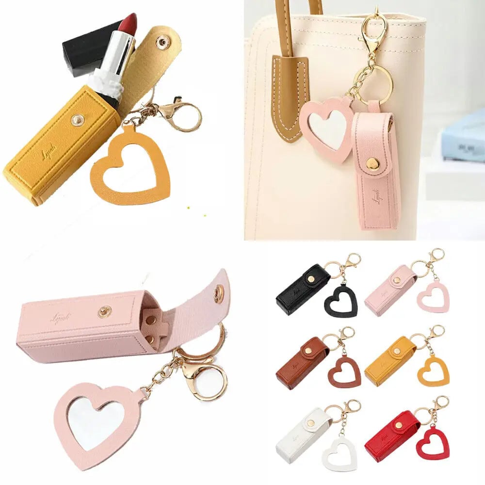 Leather Lipstick Pouch with Mirror & Keychain - Protective Makeup Bag