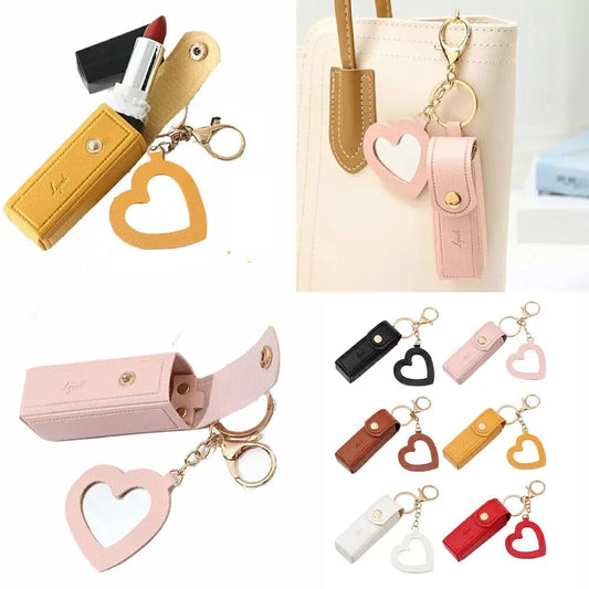 Leather Lipstick Pouch with Mirror & Keychain - Protective Makeup Bag