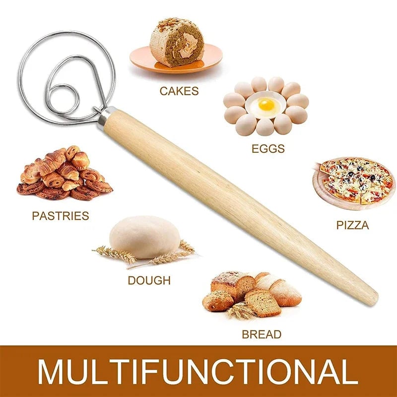 Danish Dough Whisk Stainless Steel Dutch Bread Mixer Wooden Handle