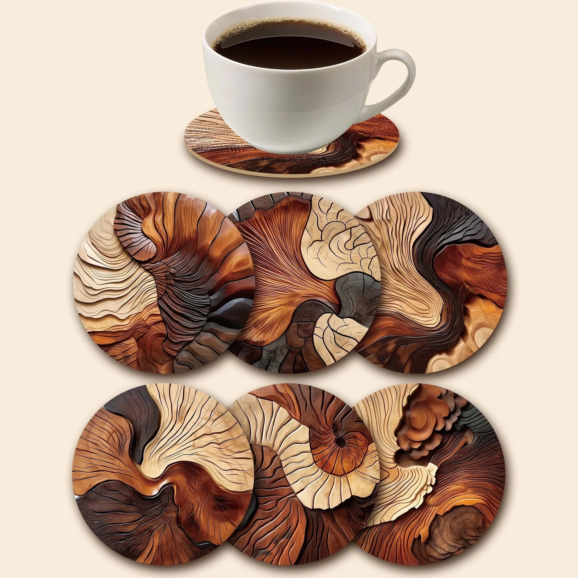 Wooden Coasters Set of 6 - Swirl Pattern Coffee Tea Bar Decor
