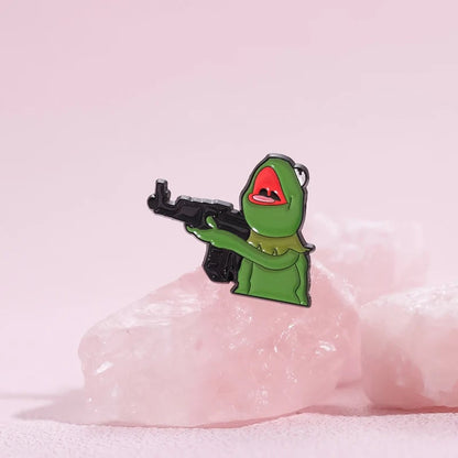 Frog And Gun Enamel Pin - Custom Cartoon Animal Lapel Badge Brooch