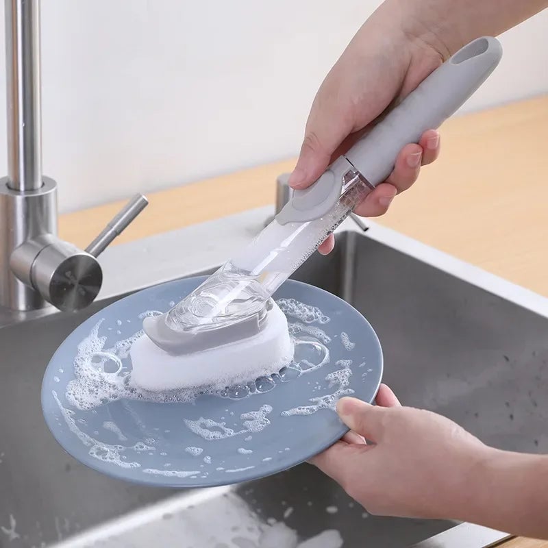 Long Handle Dish Brush with Automatic Liquid Dispenser & Sponge