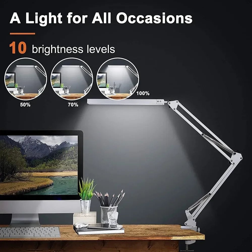 14W LED Desk Lamp Eye-Care Metal Swing Arm 3 Color Dimmable Clamp