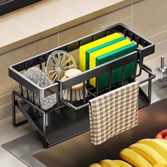 Kitchen Sink Sponge Holder Drain Rack with Hanging Hook Storage