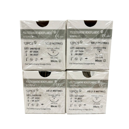12pcs Pet PDO Sutures 3/8 Circle 90CM Needle 2/0-5/0 Cat Dog Surgery