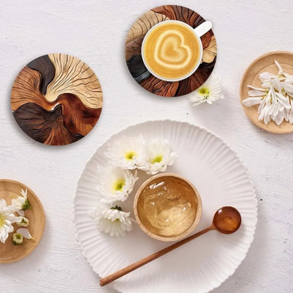 Wooden Coasters Set of 6 - Swirl Pattern Coffee Tea Bar Decor
