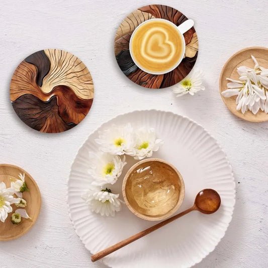 Wooden Coasters Set of 6 - Swirl Pattern Coffee Tea Bar Decor
