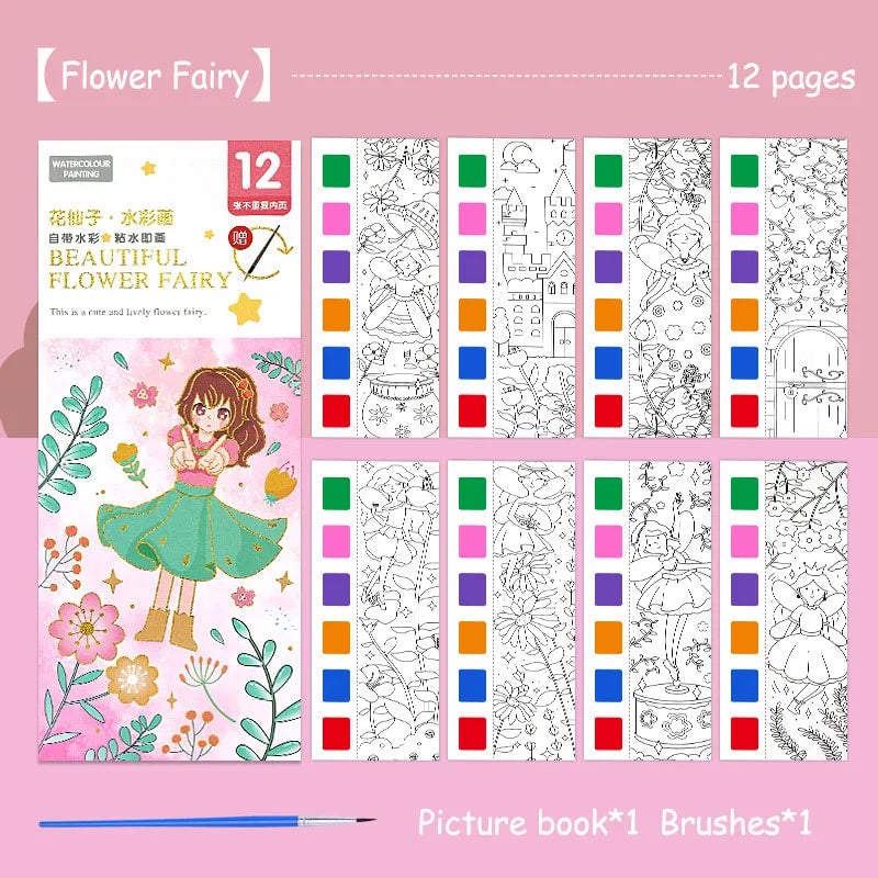 12-Sheet Portable Watercolor Book with Brush - Kids Art Set