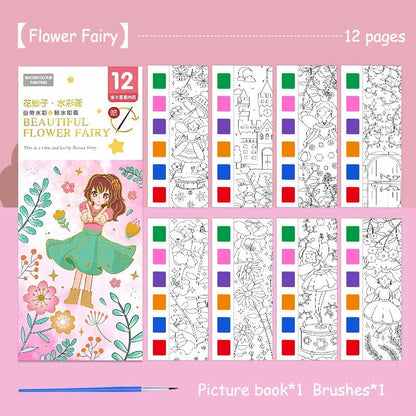 12-Sheet Portable Watercolor Book with Brush - Kids Art Set