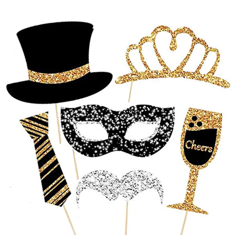 30pcs Black Gold Photo Booth Props Set Birthday Wedding Graduation