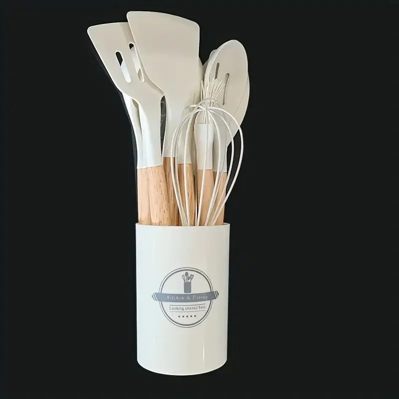 12-Piece Silicone Kitchen Utensils Set with Wooden Handles