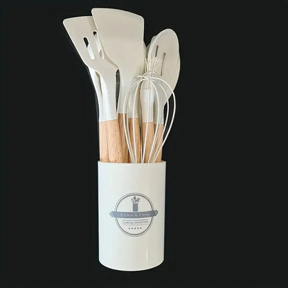 12-Piece Silicone Kitchen Utensils Set with Wooden Handles