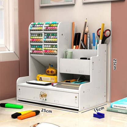 Wooden Desktop Organizer with Shelves - Multi-Compartment Pen Holder