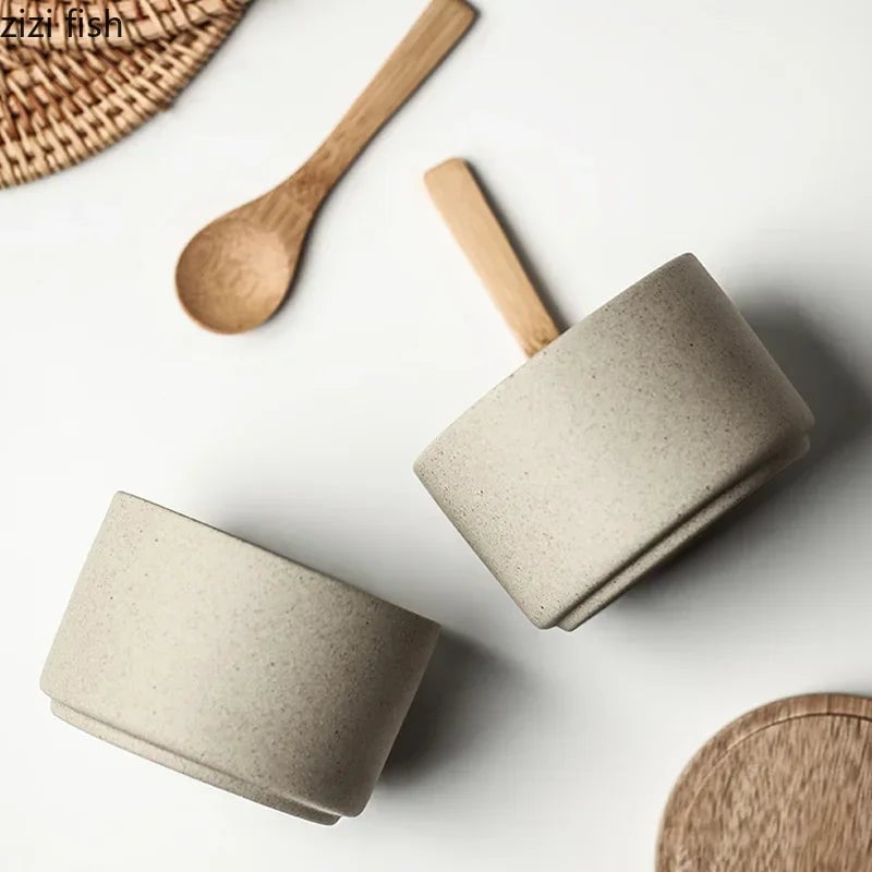 Round Ceramic Spice Jar with Wooden Lid - Salt Pepper Storage