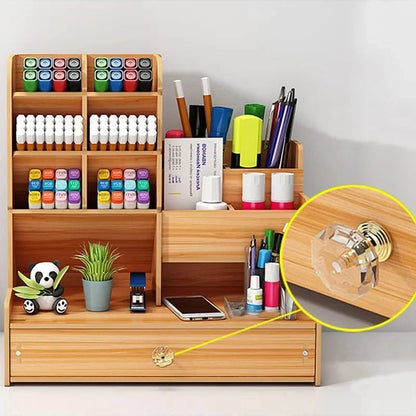 Large Wooden DIY Desk Organiser with Drawer - Multi-Compartment Pen