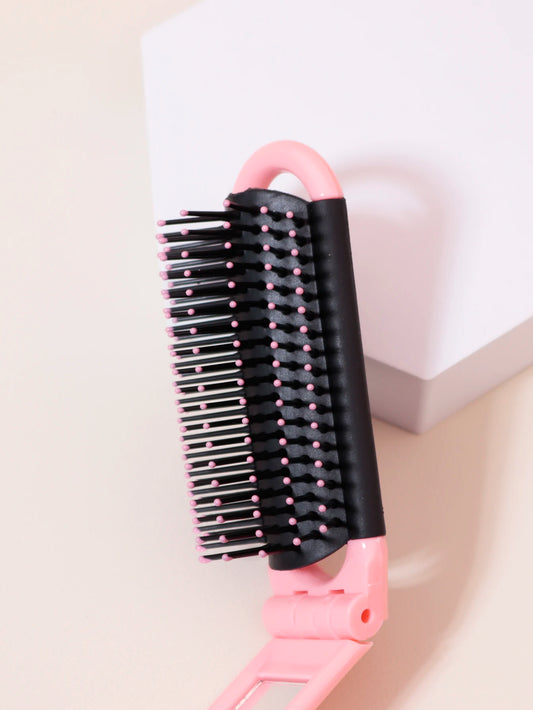 Folding Travel Mirror Hair Brush - Portable Mini Massage Wig Brush