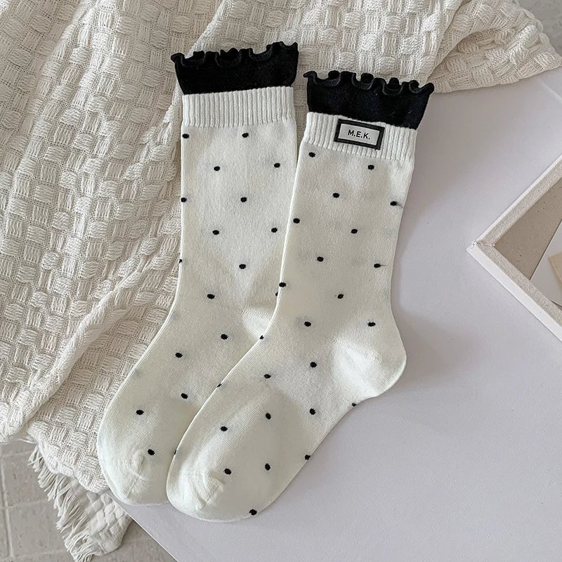 Cotton Frilly Dot Pattern Long Socks - Breathable Preppy Style