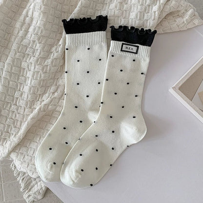 Cotton Frilly Dot Pattern Long Socks - Breathable Preppy Style