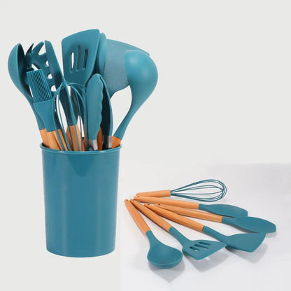 Blue Heat-Resistant Silicone Spatula Spoon with Wooden Handle