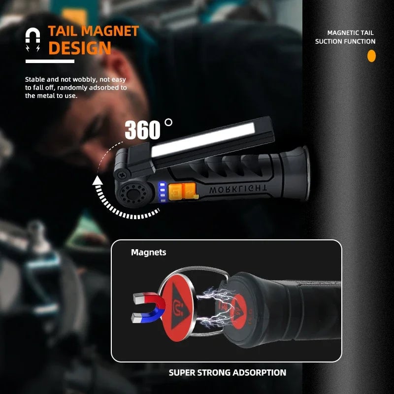 USB Rechargeable COB LED Work Light Magnetic Portable Camping Torch