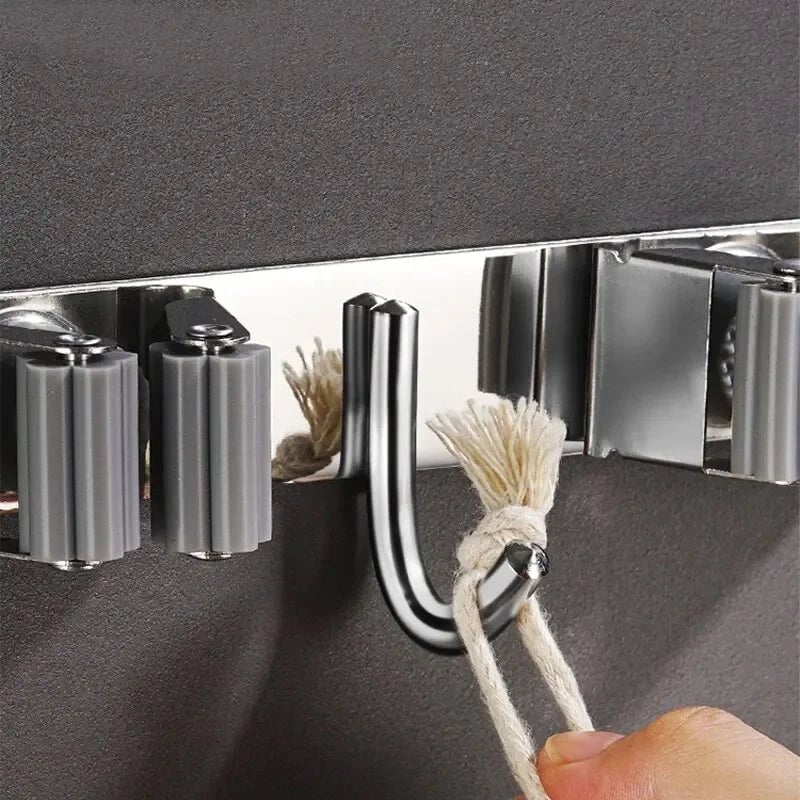 Stainless Steel Wall-Mounted Mop Rack - Hole-Free Storage Clip
