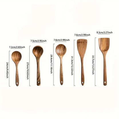 5-Piece Natural Wooden Kitchen Utensils Set - Spoons Spatula Ladle