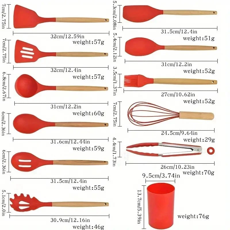 12-Piece Silicone Kitchen Utensils Set with Wooden Handles