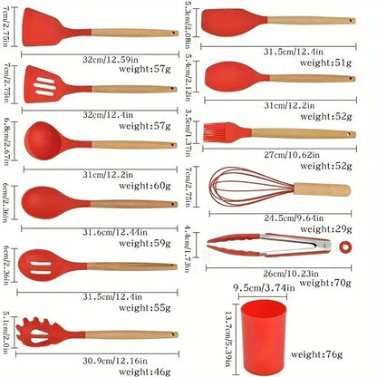12-Piece Silicone Kitchen Utensils Set with Wooden Handles