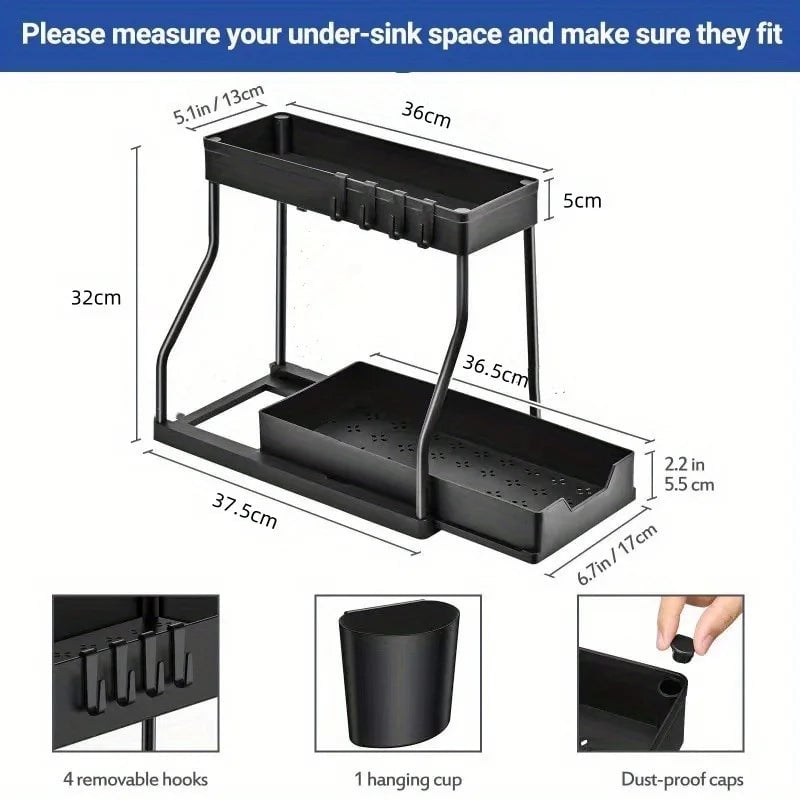 2 Tier Pull Out Under Sink Organizer Cabinet Storage Shelf Hooks