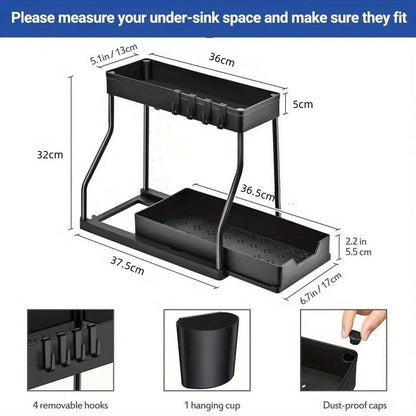2 Tier Pull Out Under Sink Organizer Cabinet Storage Shelf Hooks