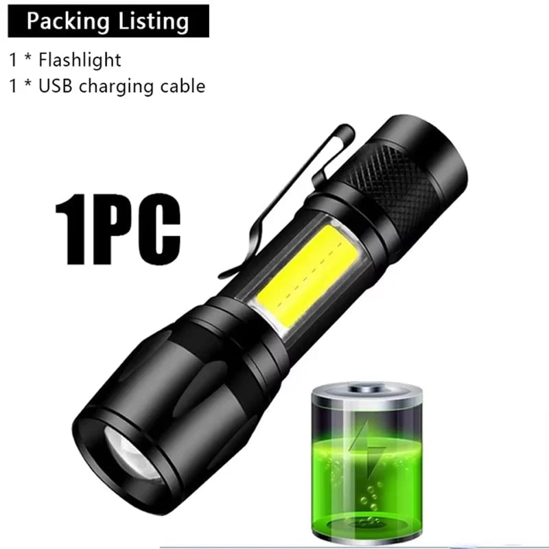 USB Rechargeable Mini Flashlight COB+XPE LED 3-Mode Zoomable Torch