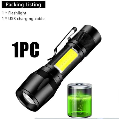USB Rechargeable Mini Flashlight COB+XPE LED 3-Mode Zoomable Torch