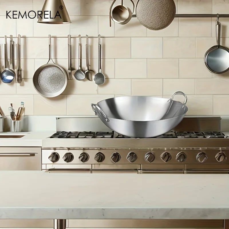 Stainless Steel Wok 26-34cm Double Handle Uncoated Chef Pan