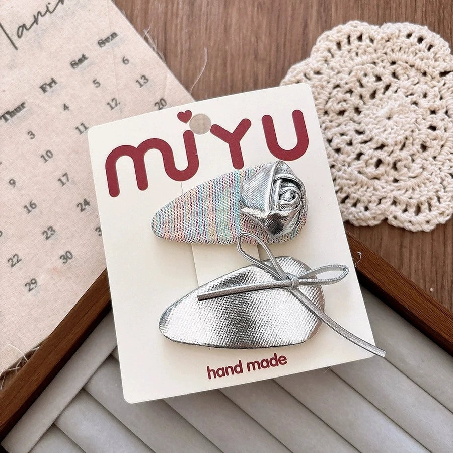 Silver PU Leather Hair Clips - Korean Style Snap Clips for Girls