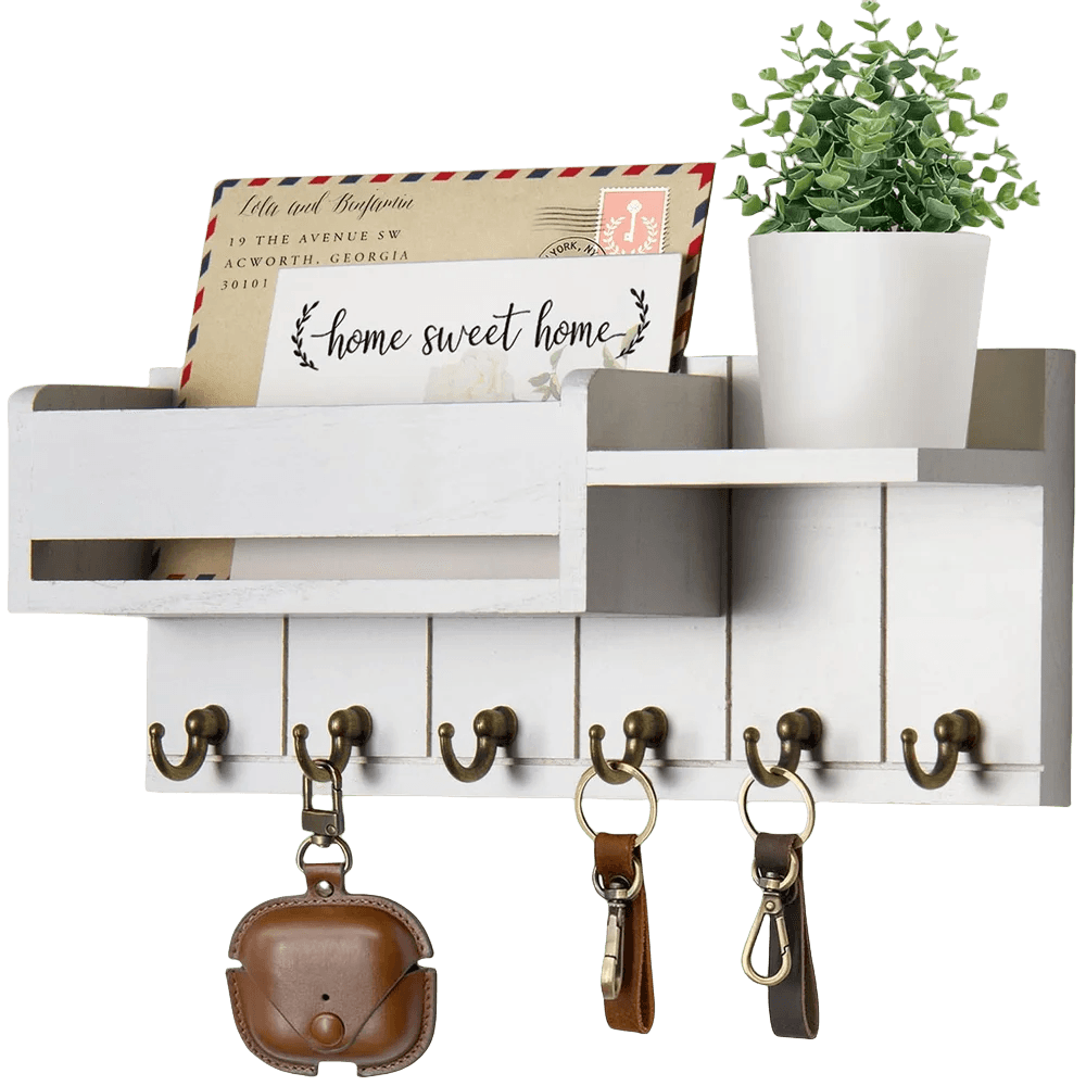 Rustic Wood Entryway Wall Shelf 6 Hook Mail Key Organizer Storage