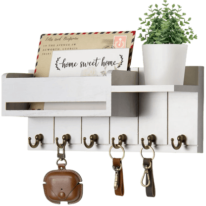 Rustic Wood Entryway Wall Shelf 6 Hook Mail Key Organizer Storage