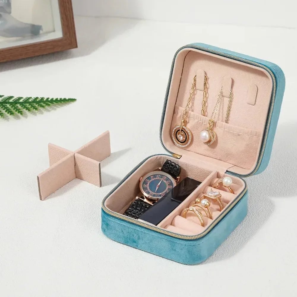 Velvet Travel Jewelry Box - Portable Square Organizer with Zipper